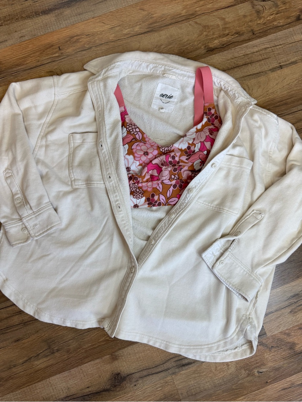 Aerie Fleece Shacket Vintage Vanilla & OFFLINE Floral Longline Sports Bra Set